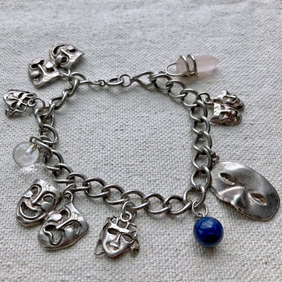 90s Sterling Silver CHARM Bracelet with Drama Masks, Quartz & Lapis - Picture 1 of 8